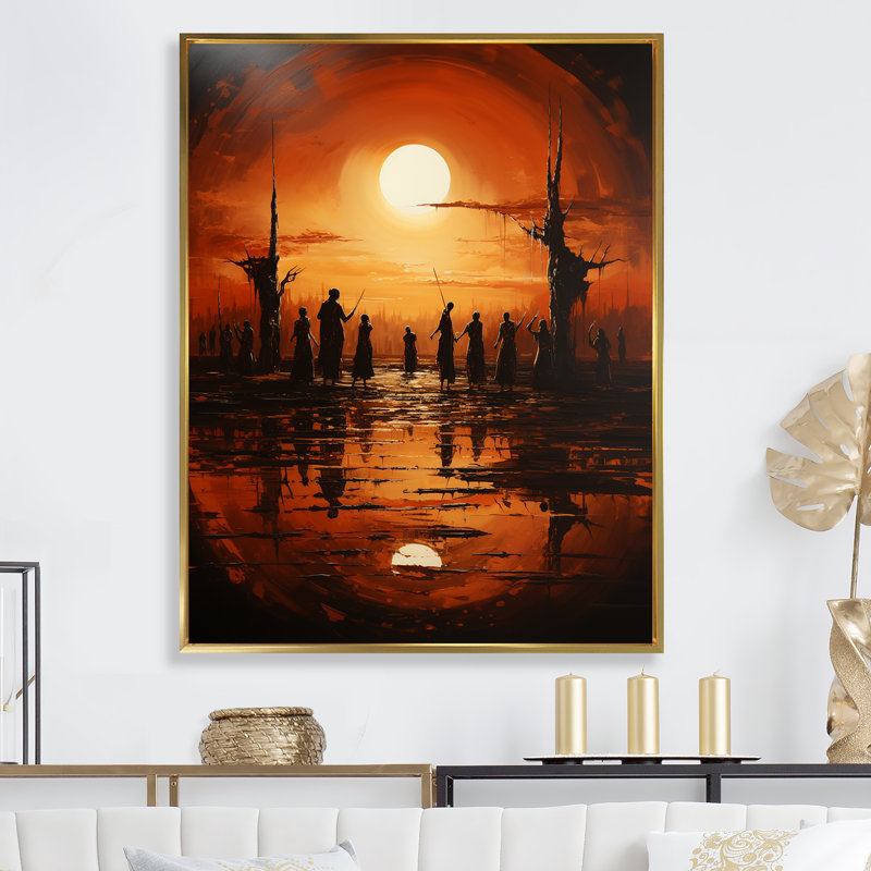 «Native Orange Sunset On Tribal Rhythms I», reproduction sur toile, Cadre flottant doré, H 32 po x l 24 po