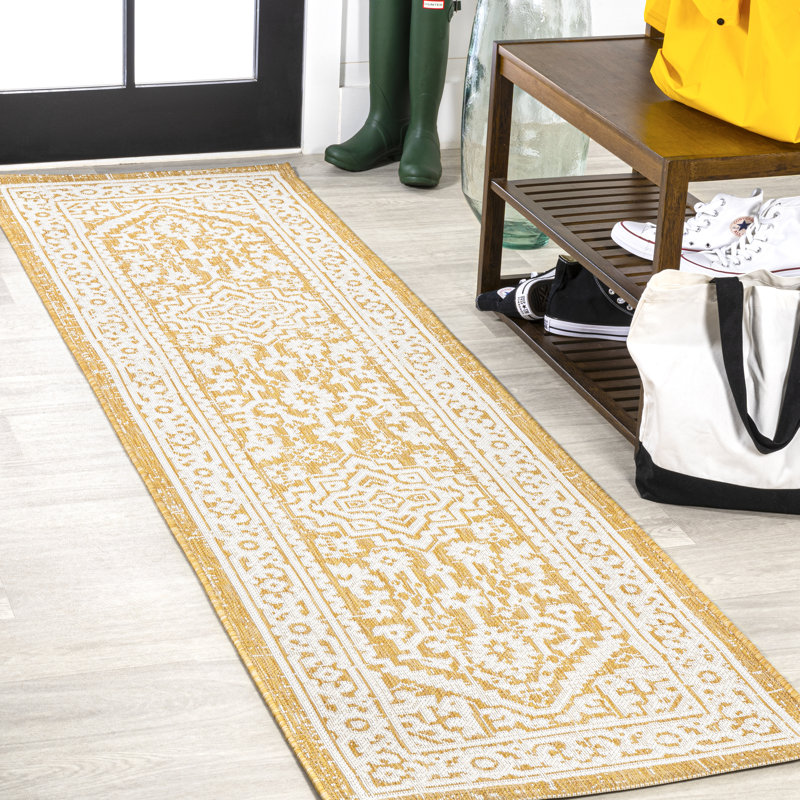 Aaleayah Medallion Textured Weave Yellow/Cream Indoor/Outdoor Rug, Runner 2'2" x 8'
