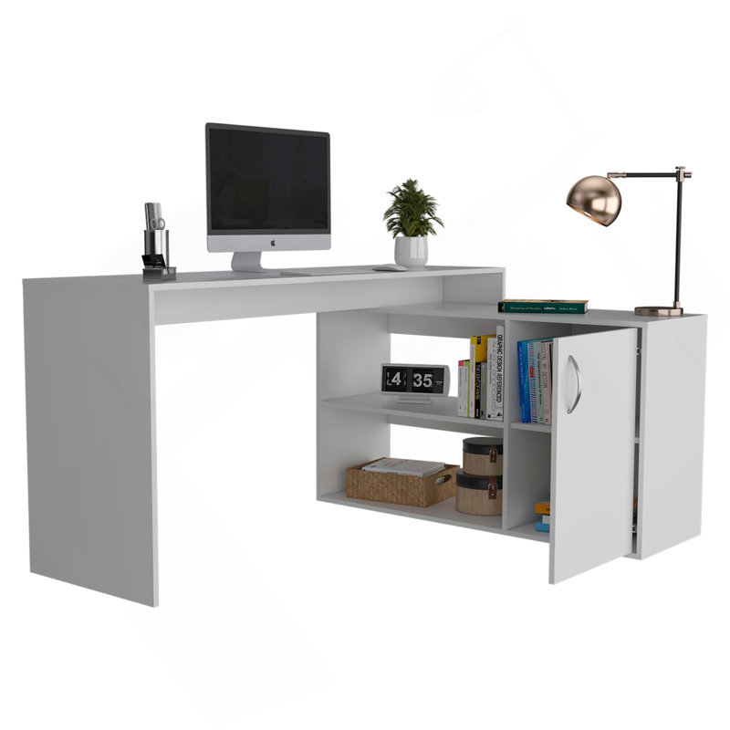Bureau d'ordinateur moderne en L avec rangement ouvert et fermé - blanc, Blanc