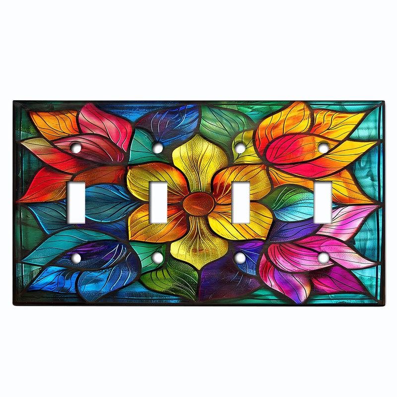 Couvercle de plaque d'interrupteur en métal; Bascule à 4 bandes standard des États-Unis - image imprimée d'un motif floral en vitrail