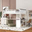 Structure de lit mezzanine grand format avec bureau intégré, tablettes ouvertes et rangement, construction en bois massif, blanc pur