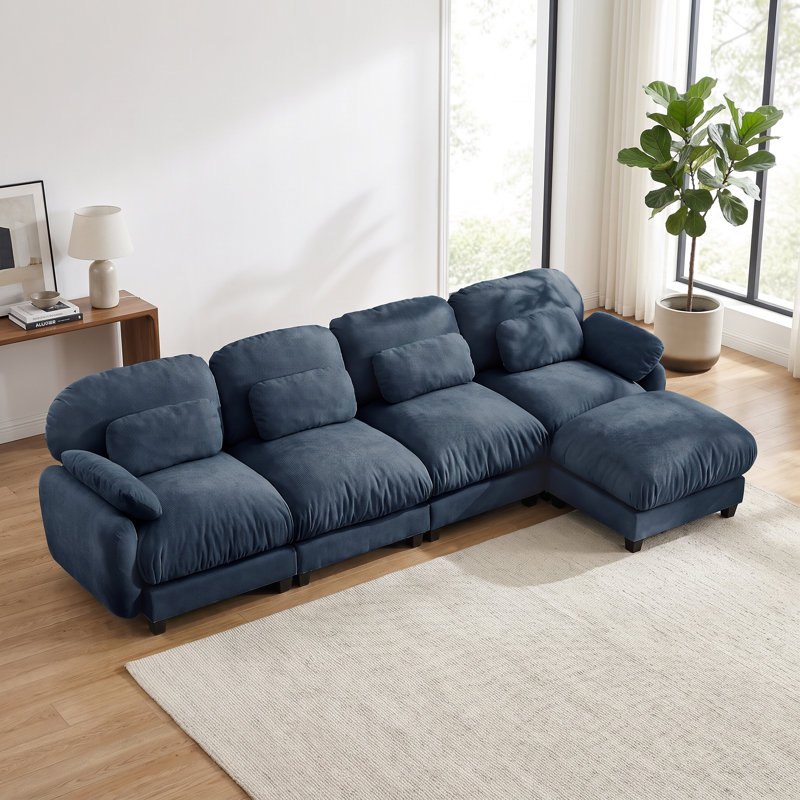 Canapé quatre places avec pouf, canapé moderne en chenille douce pour salon, appartement, Bleu