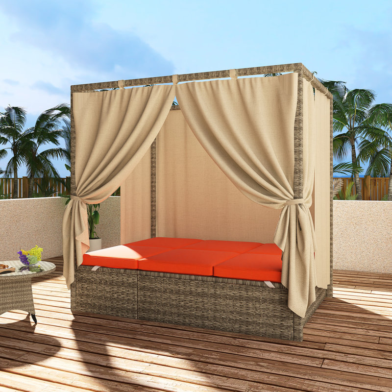 Patio Wicker Adjustable Sun Bed With Curtain, Beige