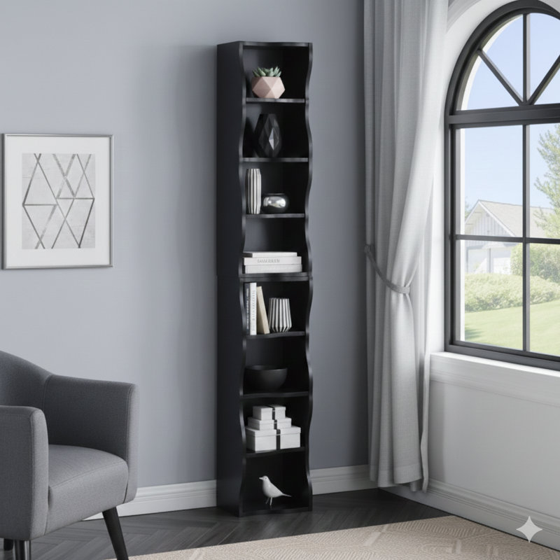 Bibliothèque réglable à huit niveaux avec tablette à bordure ondulée, plus attrayante, idéale pour les grands espaces étroits et les tablettes polyvalentes dans les bureaux à domicile