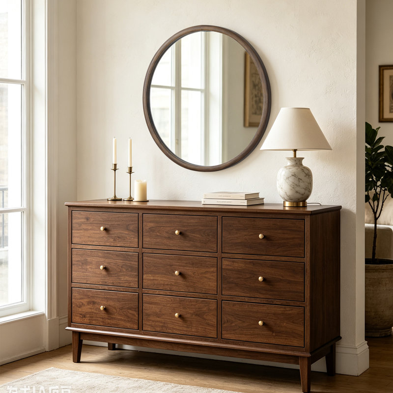 Miroir rond brun pour cadre mural, 32"