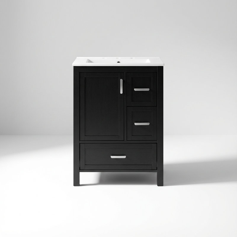 Meuble-lavabo compact avec lavabo en céramique intégré, porte d'armoire à fermeture en douceur, tablette de porte à double couche, trois tiroirs