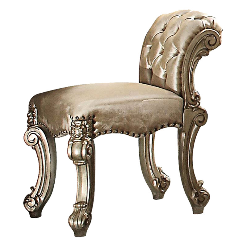 Traditional Bedroom Vanity Stool, Brown Upholstery, Rectangular Shape, 28 Inches High Taupe + Gold Stool With Scrolled Base, Button , 25" Wide X 28" 20" Deep