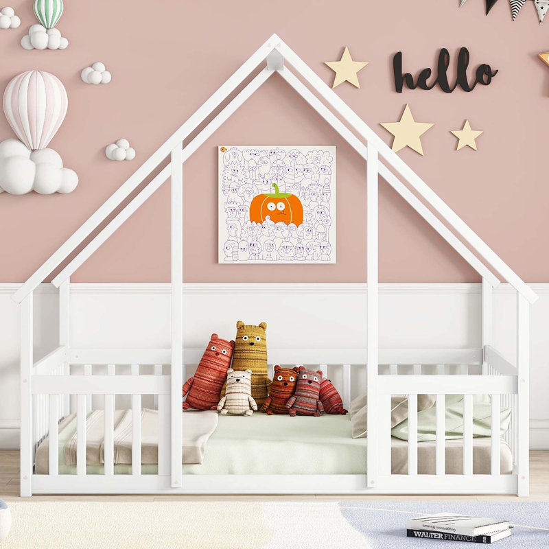 House-Shaped Floor Bed With Fence, Guardrails, Full/Double, White
