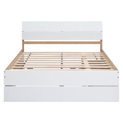 Modern Full Bed Frame With Twin Size Trundle And 2 Drawers For White High Gloss With Light Oak Color -  Mercer41, D37E5825397847B18592E5C7B0F2A1BF