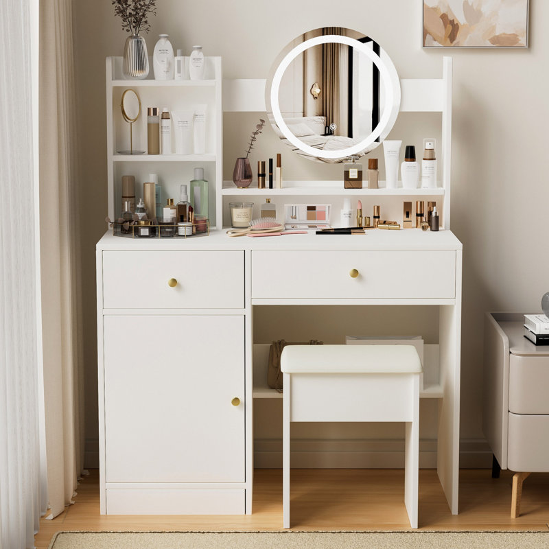 Makeup Vanity With Lighted Mirror, Vanity Desk With Cushioned Chair, Modern Makeup Vanity With 3 Color Lighting Brightness Adjustable, White Vanity Desk, Dressing Table For Bedroom Girl Women