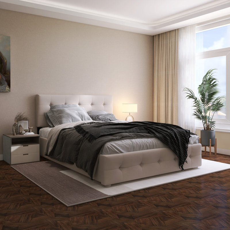 Lit plateforme tapissier avec 2 tiroirs et 1 lit gigogne simple TG, Beige