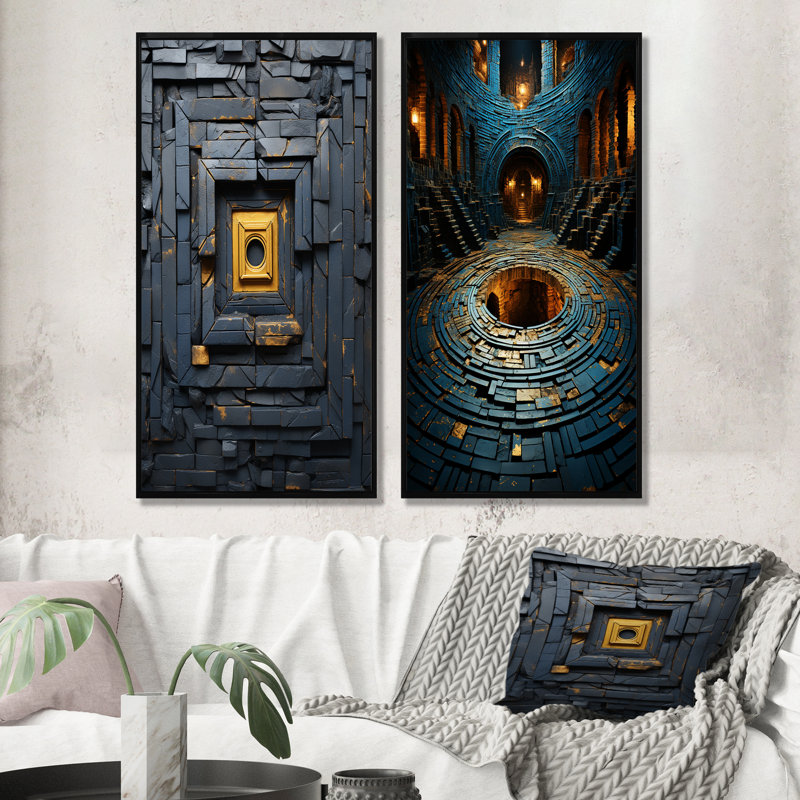 Ancienne pierre Maya Labyrinth II - ensemble de 2 reproductions d'art sur toile abstraites, Cadre flottant noir