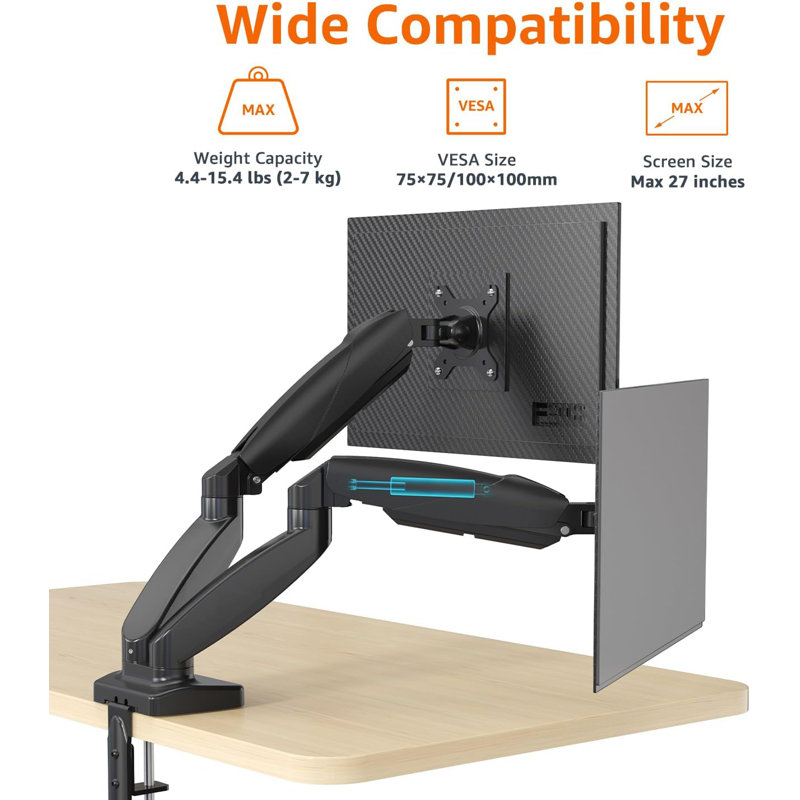 Basics Gas Spring Dual Computer Monitor Arm Mount, Adjustable, Holds Up To 27" Monitors, Black
