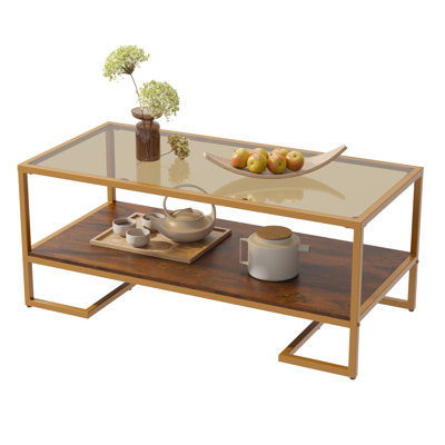 Coffee Table, 2 Tier Tempered Glass Coffee Table, Rectangle Modern Center Table With Metal Frame, Glass Accent Table Open Storage Shelf For Living Roo by Mercer41