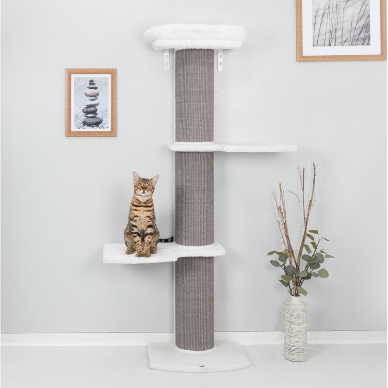 TRIXIE Acadia 63-in Cat Tower with Wall Supports, Oversized Sisal Scratching Post, Three Platforms, Removable Bed, Gray