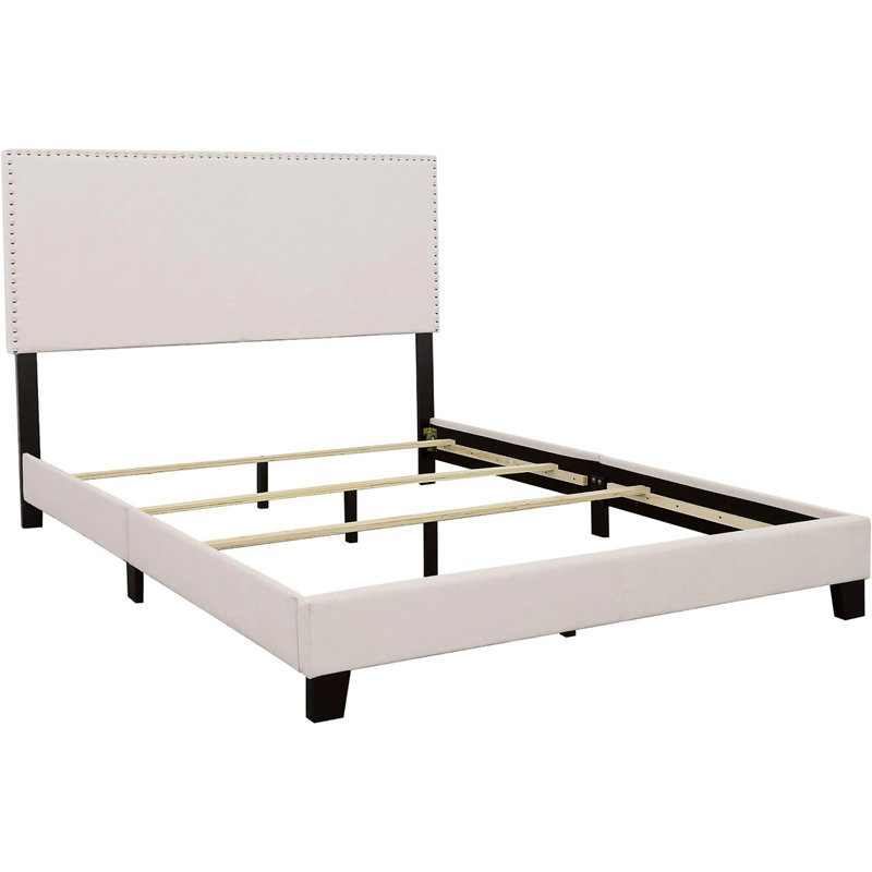 Lit double pour chambre à coucher - Tissu et pieds avec bordure moderne en bois à la mode, Ivoire ivoire, Double