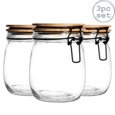 Argon Tableware - Wooden Clip Lid Storage Jars - Black Seal - Set of 3