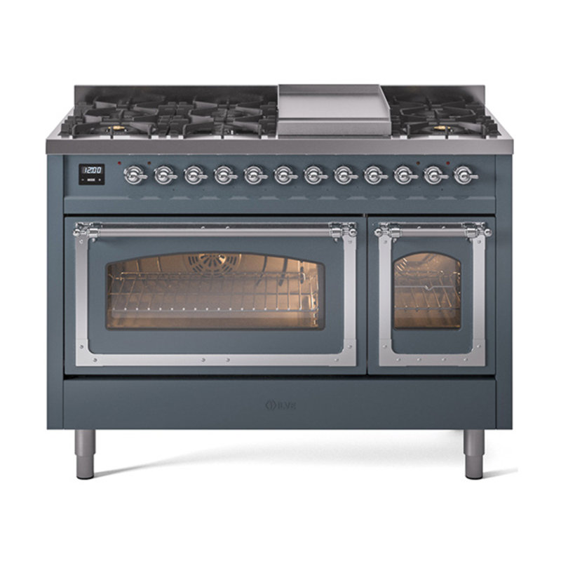 ILVE Nostalgie II Series Noblesse 48 inch Dual Fuel Range with 8 Sealed Burners, Griddle (Glass Door), Chrome, Blue Gray