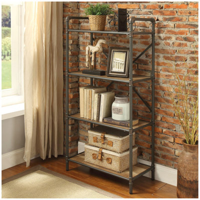 4 Tier Bookshelf With Metal Steel Tube, Antique Oak And Sandy Gray