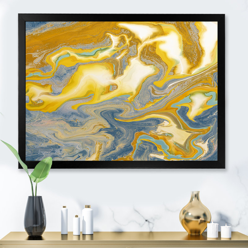 Jaune et bleu vagues de marbre I - peinture sur toile, H 16 po x l 32 po x P 1 po, Cadre d'angle fermé noir