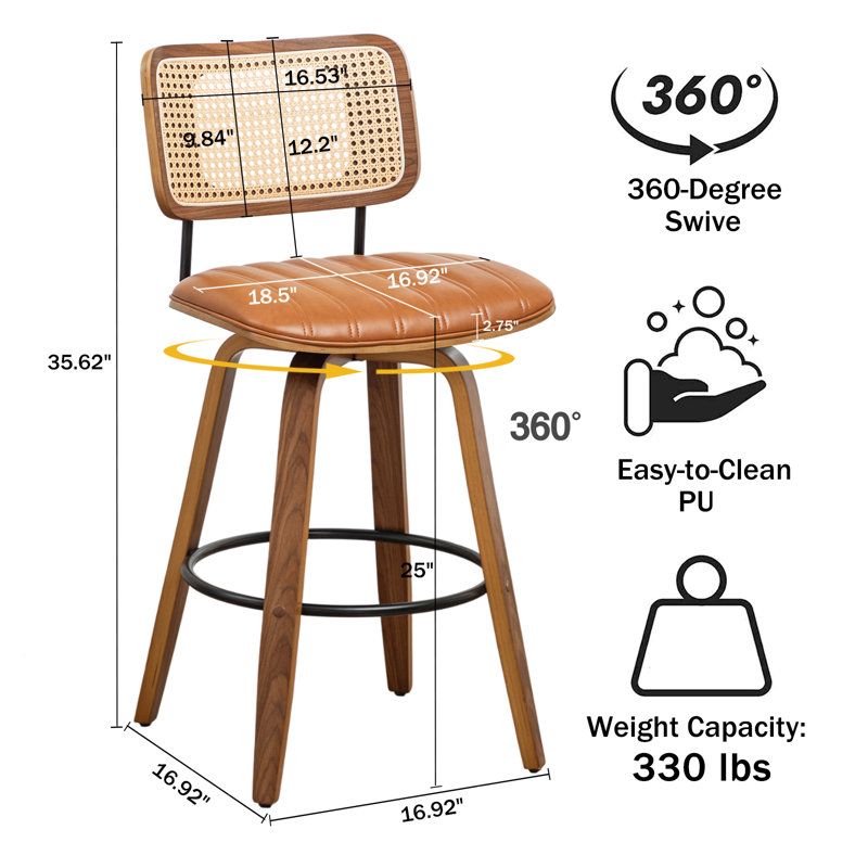 Valerie Wooden Rattan Faux Leather Stools, Brown, Counter Stool (25" Seat Height)