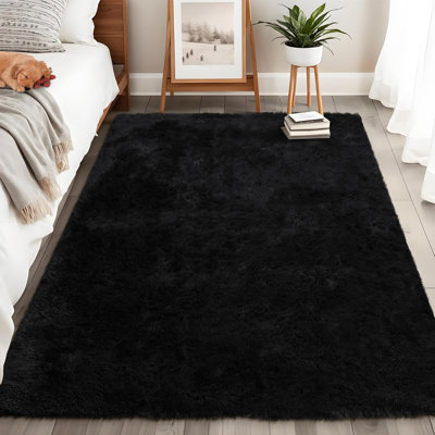 Tapis à poil long moelleux 9 po x 12 pi - Grande fourrure douce et pelucheuse, sans perte de poils, lavable à la machine - Dortoir de chambre à coucher de salon - noir pur, États-Unis