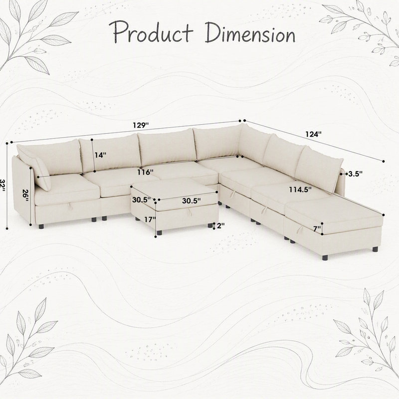 Canapé modulaire modulaire avec siège convertible et rangement, combinaisons flexibles pour les salons modernes