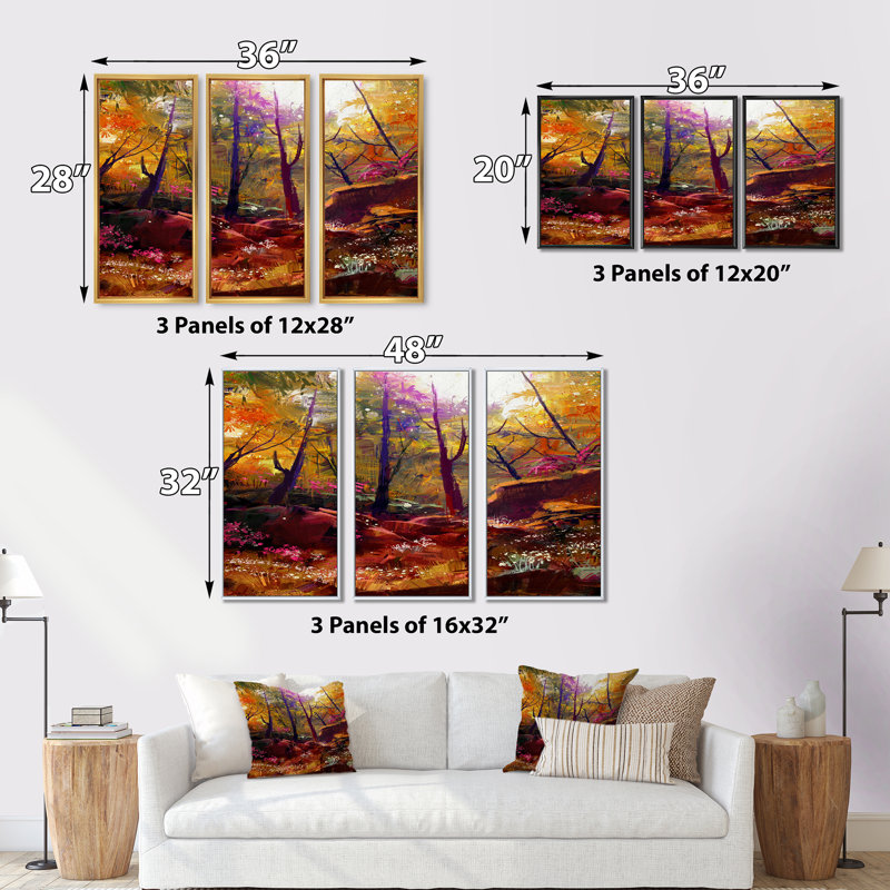 Magnifique forêt d'automne avec lumière du soleil - ensemble d'art mural sur toile traditionnel encadré de 3, Cadre noir