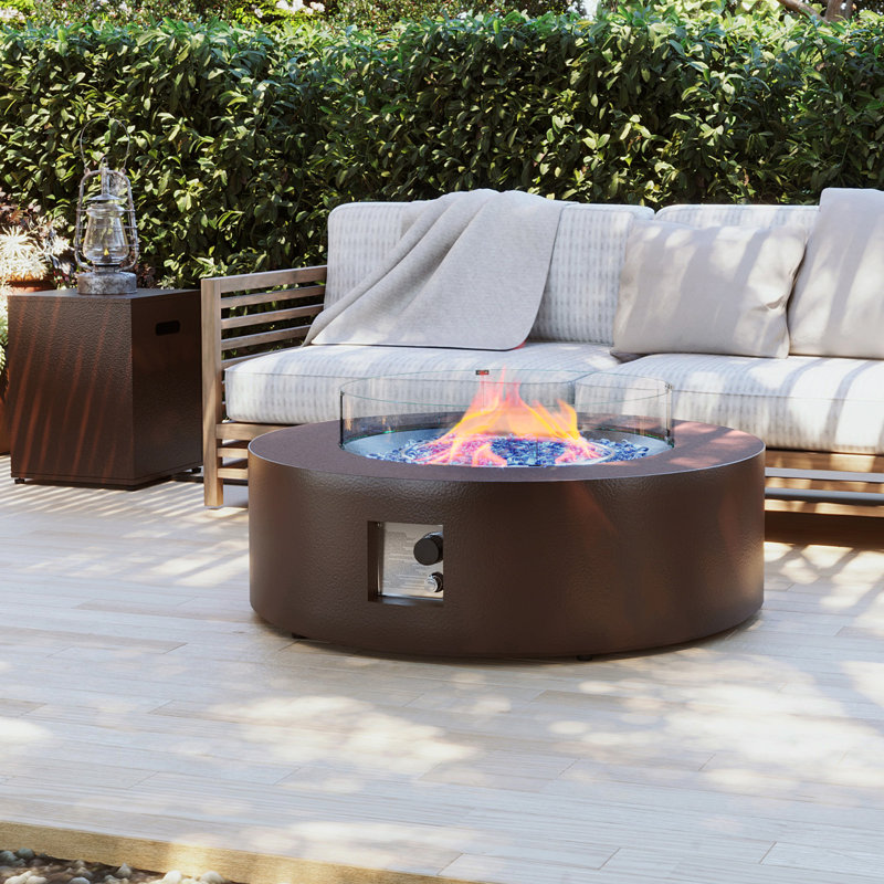  42-Inch Round Iron Propane Fire Pit Table with Tank Cover and Wind Guard, Dark Brown, Brown