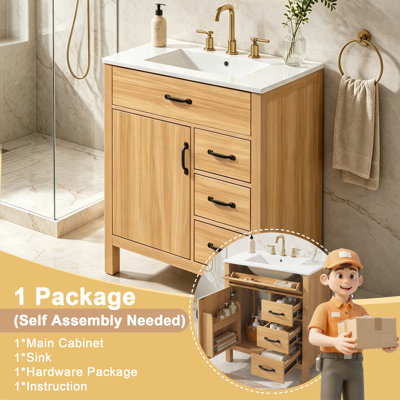 Meuble-lavabo moderne de 30 po avec lavabo en céramique, armoire de rangement autoportante avec tiroir rabattable, porte et tiroirs à fermeture en douceur, poignées noires