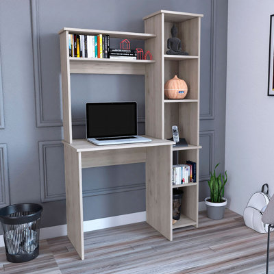 Bureau d'écriture Versalles, bureau de studio ou de bureau moderne, deux tablettes supérieures et cinq tablettes ouvertes latérales pour l'organisation de livres