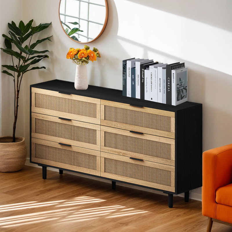 51.18"6-Drawers Rattan Storage Cabinet Rattan Drawer, Black