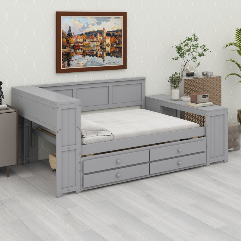 Daybed With Storage Shelves,Drawers,Trundle, Gray