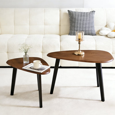 2-Piece Asymmetrical Triangular Nesting Coffee Table Set, Wood Veneer Side Table, Space-Saving for Living Room & Bedroom – Light Walnut, Natural & Black Available