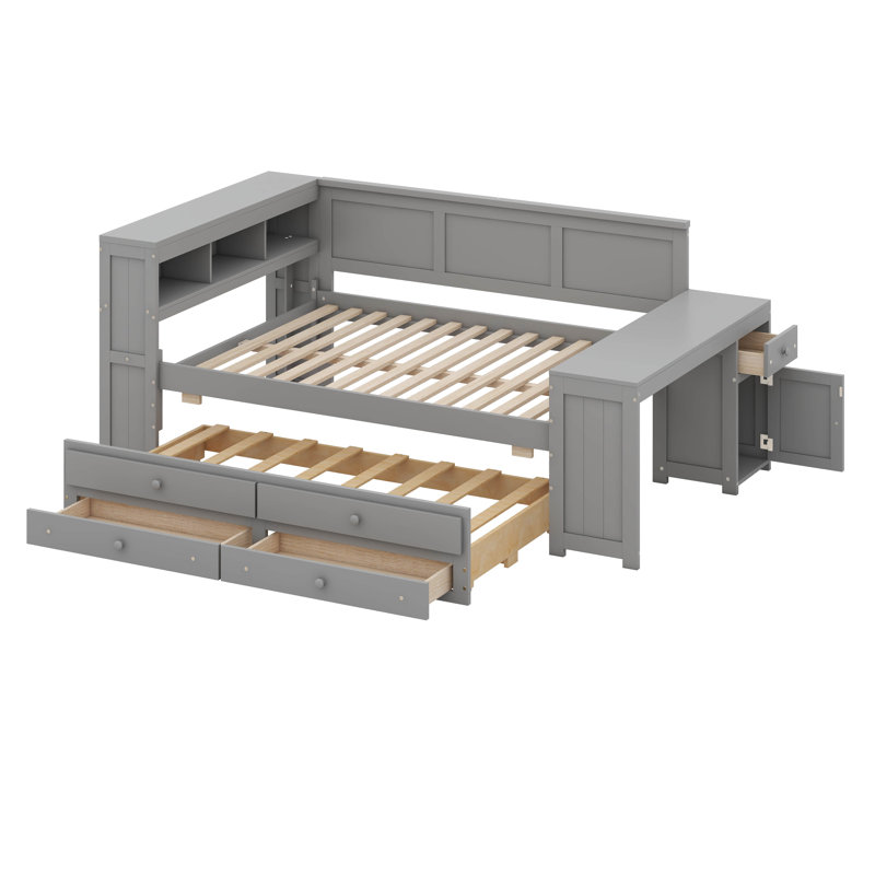 Full Size Daybed With Storage Shelves,Drawers,Trundle,Charging Station,LED Light,Desk And Cabinet, Gray