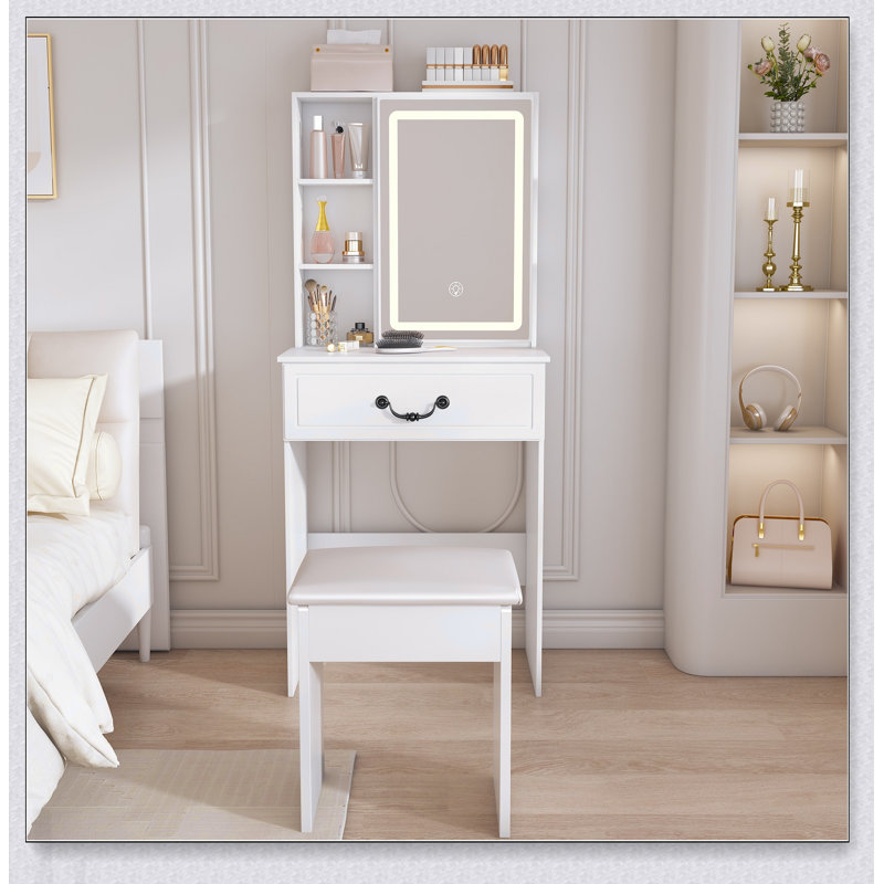 Mini coiffeuse moderne avec miroir éclairé à DEL et rangement dissimulé, tabouret rembourré, bureau de coiffeuse à luminosité réglable, tablettes à plusieurs niveaux résistantes à la poussière