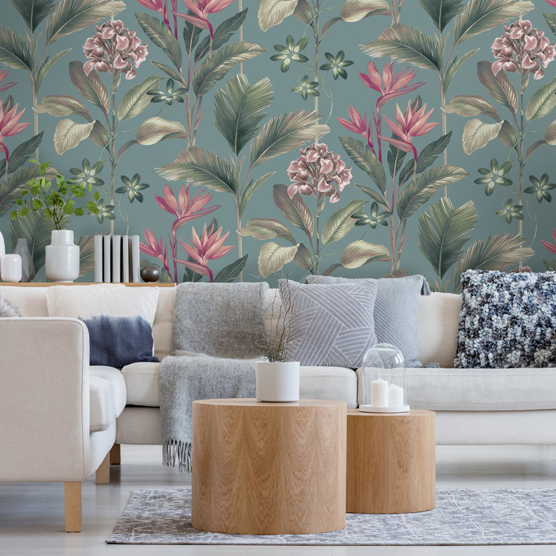 Papier peint floral Oliana, Sarcelle