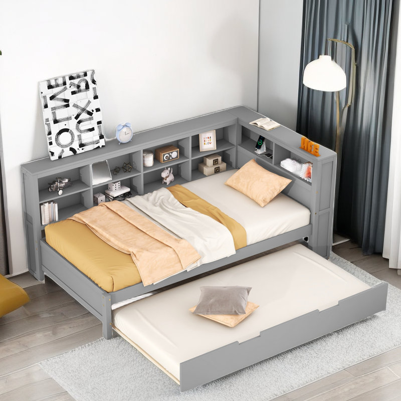 Lit de jour en bois avec couchette Hanin, tablettes de rangement et station de charge, Lit simple, Gris
