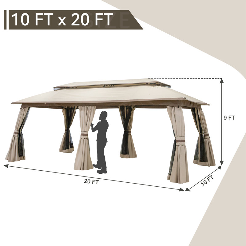 20 Ft. W × 10 Ft. D Heavy-Duty Metal Outdoor Patio Gazebo, Beige