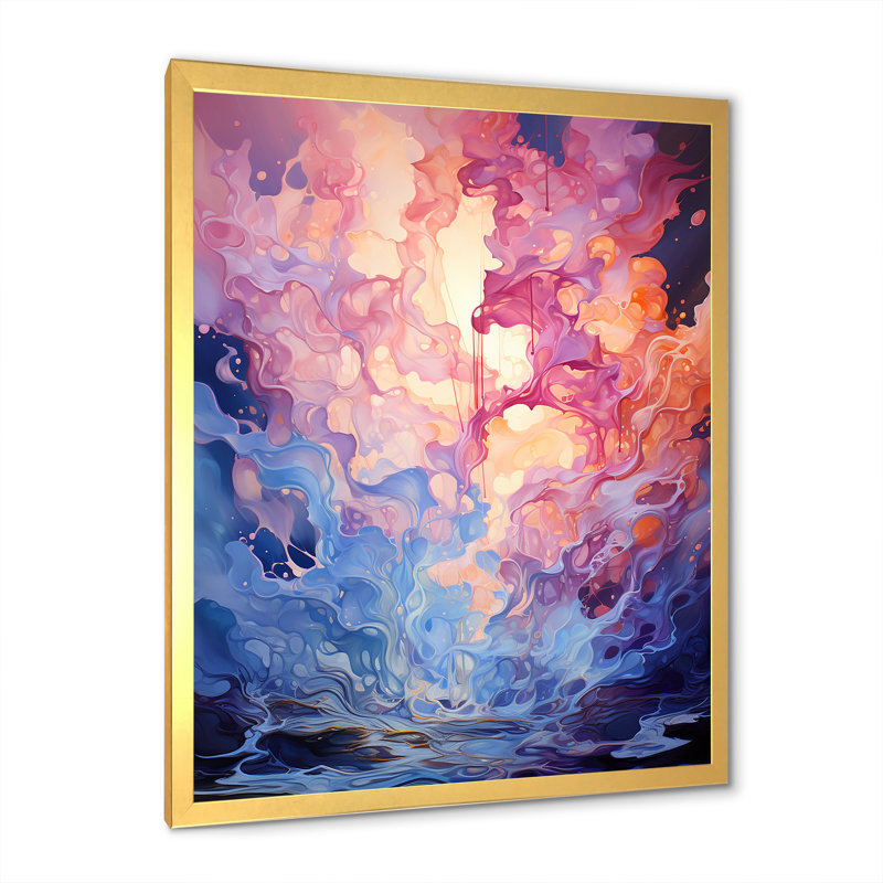 «Pink Illuminated Electro Reverie I», art mural abstrait, Cadre doré simple, H 40 po x l 30 po x P 1,5 po