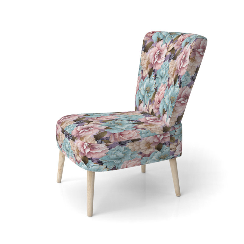 Chaise d'appoint rembourrée bleue et rose avec pivoines et fleurs I