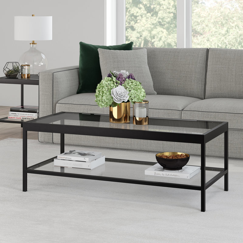 Alexis Four Leg Coffee Table with Storage, Black, 43.2H x 114.3L x 50.8W