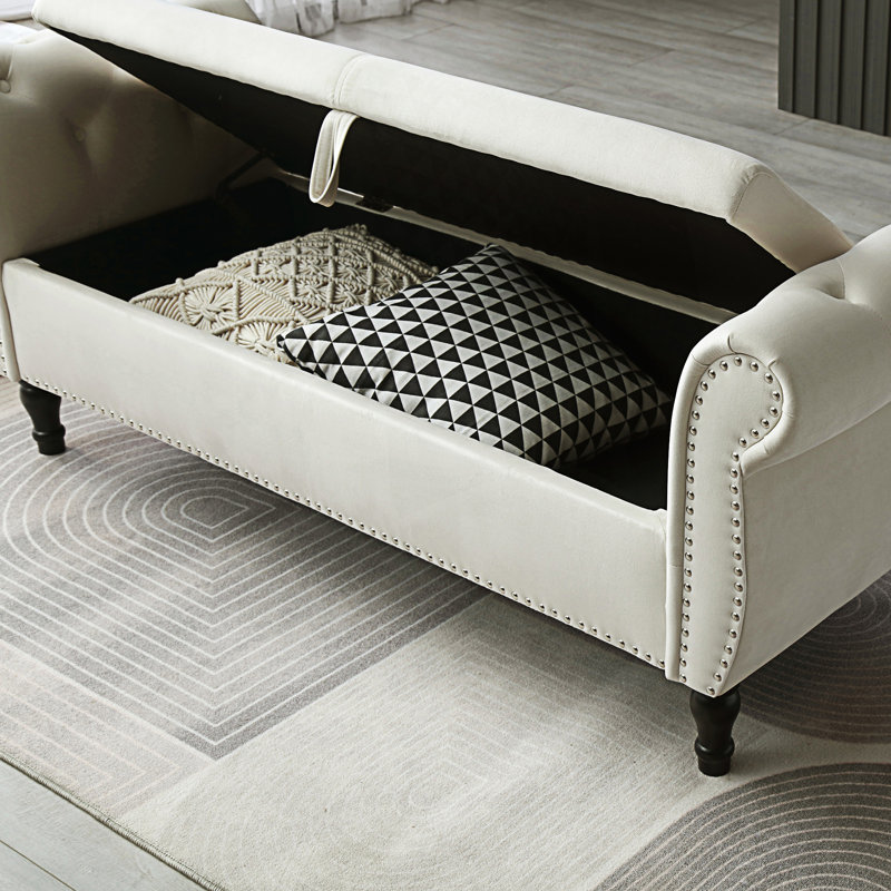 Tabouret de canapé rectangulaire moderne avec rangement multifonctionnel et banc capitonné à boutons et 1 oreiller, Beige