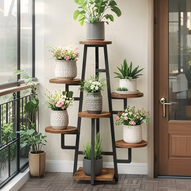Support à plantes à 7 niveaux, support à pots de fleurs 43,3 po pour salon balcon jardin, Brown/Black