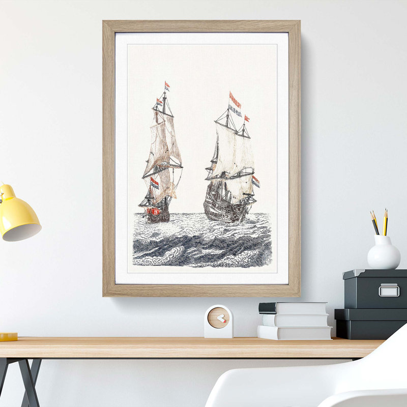 Two French Sailing Ships by Johan Teyler - Framed Print, 48cm H x 36cm W x 2cm D, Oak Framed