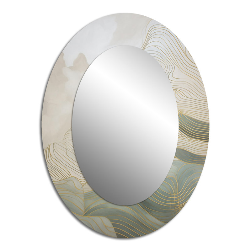 Or et gris Linear Expressions III - Miroir décoratif abstrait ovale sur métal, 40 po x 30 po