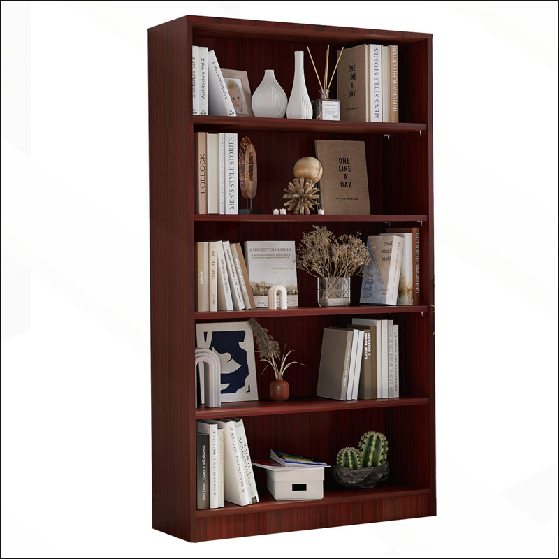 Adjustable 5-Shelf Modern Wood Bookcase, 60 Inches Tall for Bedroom and Office Storage Solutions, Mahogany
