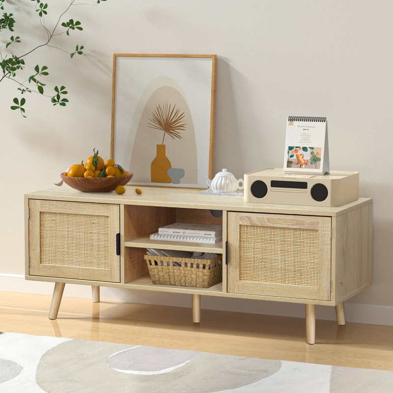 Wood Rattan TV Stand for TVs Up to 65 Inch Media Console with Natural Rattan Doors Herringbone Top Open Shelving and Cable Management for Living Room