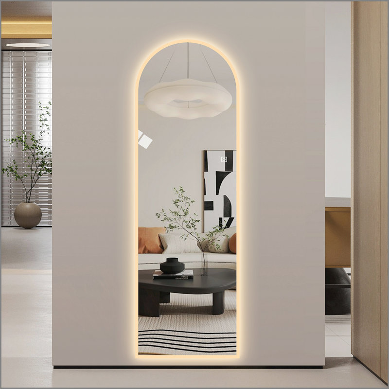 65" x 21" LED Full Length Wall Mirror, Symmetrical Arch Design with Frosted Glass Border, Dimmable 3 Color Temperature Lighting, Copper-Free Silver Glass, Hardwired or Plug-In