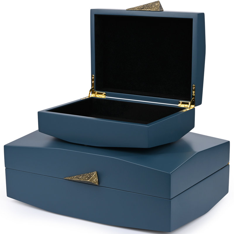 Ensemble de 2 boîtes décoratives en bois faites à la main Chuan, Bleu marine